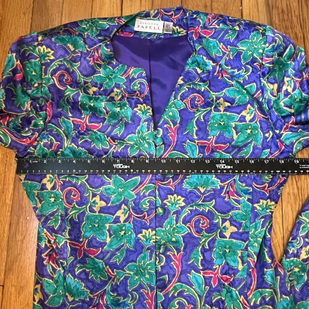 Vintage 80s Adrianna Papell 100% Silk 2 Pc Set Floral Jacket Skirt Size 12 EUC